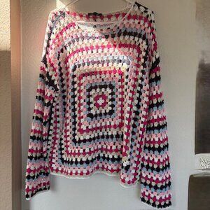 Charlie B Granny Square XL Long Sleeve Hand Crochet Knit Sweater NWT